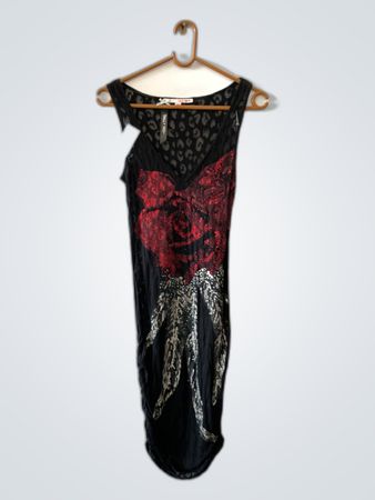 Black Sequined Dress with Red Rose Design