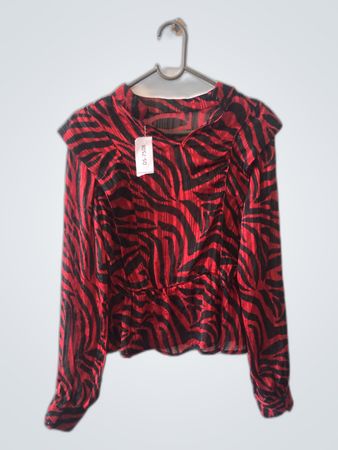 Red and Black Striped Ruffle Blouse