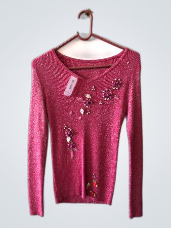 Pink Embellished V-Neck Knit Sweater