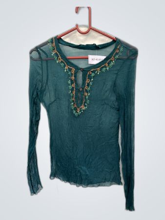 Unbranded Sheer Green Embroidered Long Sleeve Blouse