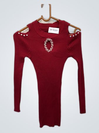 Red Off-Shoulder Knit Sweater with Pearl Embellishments