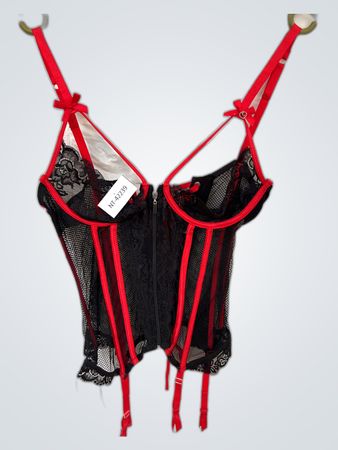 Black Lace-Up Corset Bustier with Red Straps
