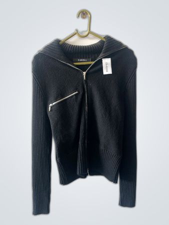 Caroll Black Zip-Up Knit Cardigan