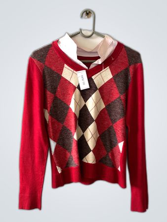 Unbranded Red Argyle V-Neck Knit Sweater