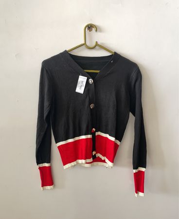 Black Knit Cardigan with Red and White Trim
