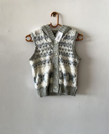 Grey Hooded Knit Cardigan Vest
