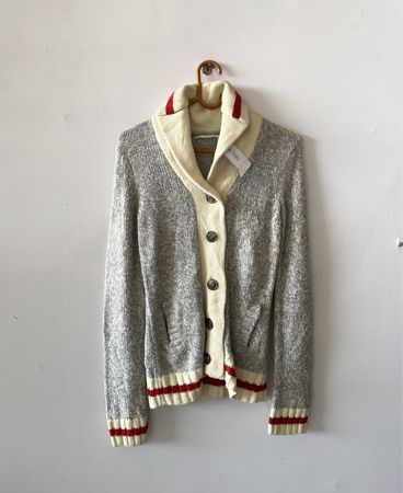 Gray Knit Cardigan with Red and Cream Accents