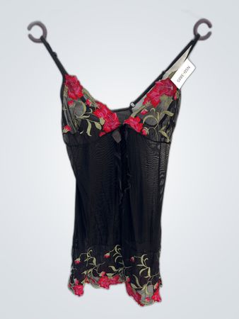 Sheer Black Chemise with Floral Embroidery