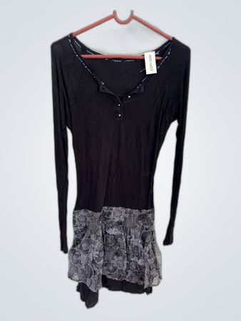 Long Sleeve Black Top with Gray Paisley Hem