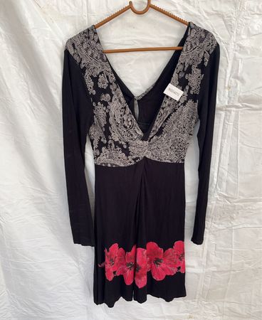 Black Long Sleeve V-Neck Floral Print Dress