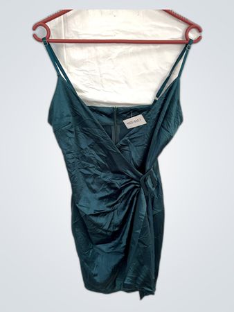 Teal Satin Wrap Mini Dress