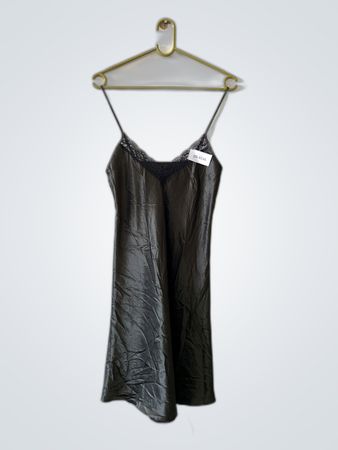 Black Satin Slip Dress with Lace Trim