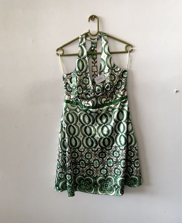 Green Geometric Printed Halter Mini Dress