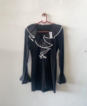 Black Long-Sleeve Dress with White Trim