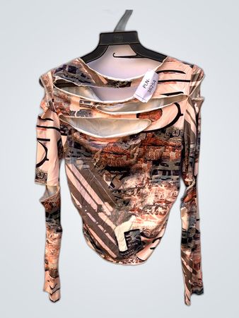 Abstract Print Cut-Out Long Sleeve Blouse
