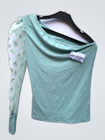 Green One-Shoulder Ribbed Blouse