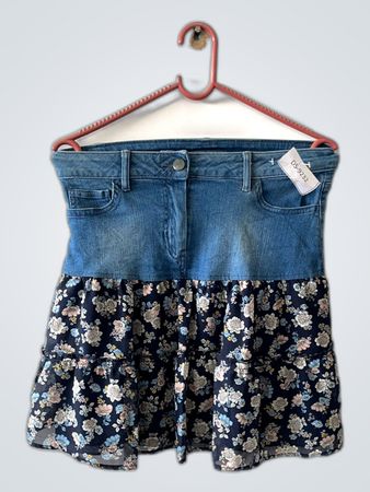 High-Waisted Denim Midi Skirt with Floral Ruffle