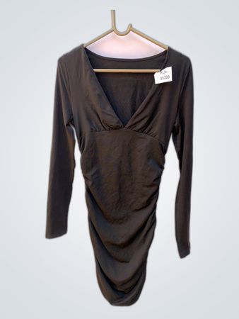 Black Ruched Long-Sleeve V-Neck Blouse