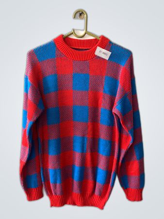 Red and Blue Plaid Knit Sweater