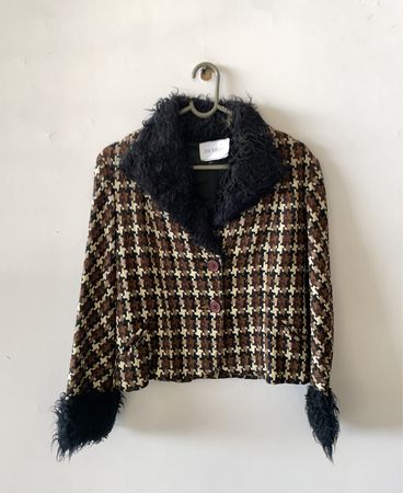 Houndstooth Jacket with Fur Trim