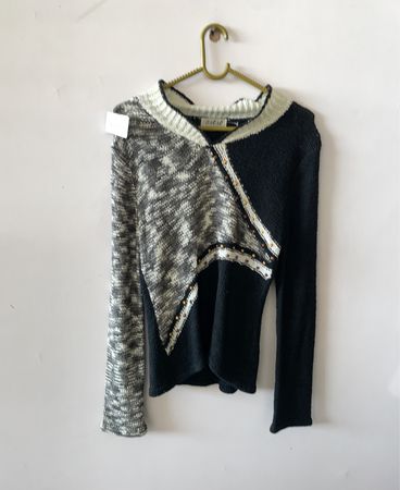 Asymmetrical Black and White Knit Cardigan