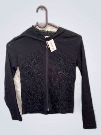 Black Hooded Jacket with Floral Design
