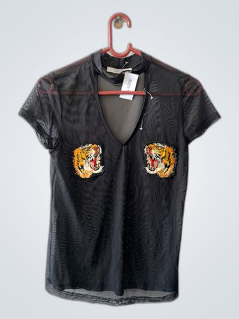 Black Mesh Shirt with Tiger Embroidery