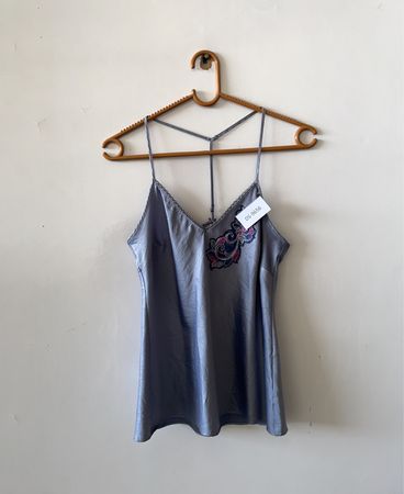 Blue Satin Camisole with Floral Embroidery
