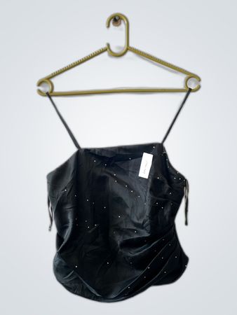 Black Ruffled Top with Rhinestones