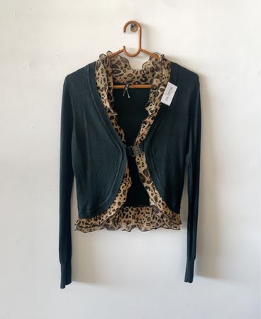 Green Cardigan with Leopard Trim