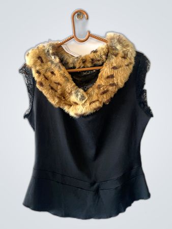 Black Fur-Trimmed Lace Top