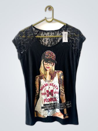 Black Graphic Lace Trim Top