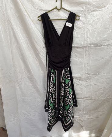 Black and Green Printed V-Neck Midi Dress