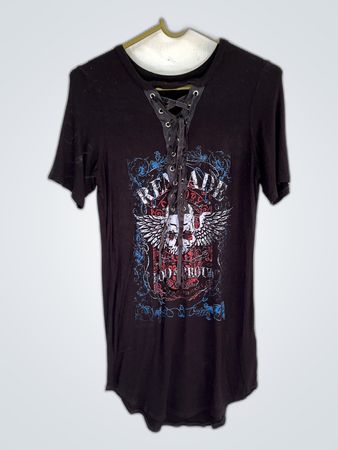 Black Graphic T-Shirt with Skull and Wings