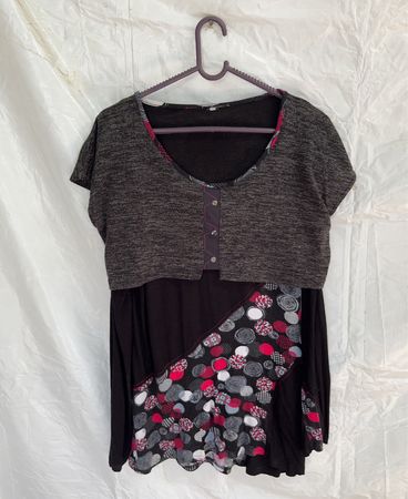 Blouse with Gray Top and Black Skirt with Red, White, and Gray Circles