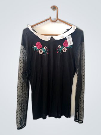 Zara Black Floral Embroidered Mesh Sleeve Blouse