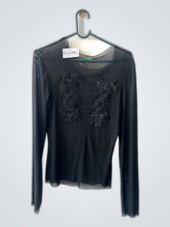 Black Sheer Long-Sleeve Top with Floral Details