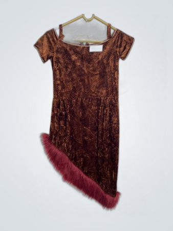 Brown Velvet Dress with Red Fur Hem