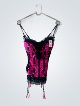 Pink Lace Bustier Corset with Fur Trim