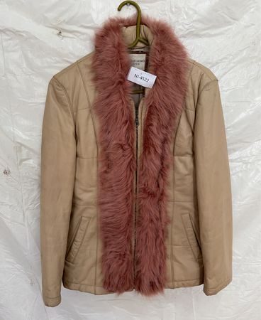 Tan Puffer Jacket with Pink Fur Trim