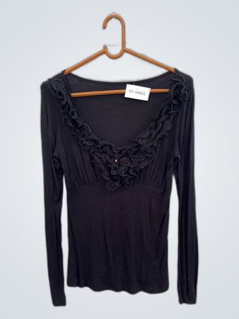 Black Long Sleeve Top with Ruffled Neckline