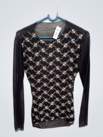 Black Long-Sleeve Sheer Top with Floral Embroidery