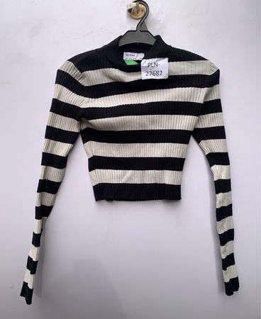 Bershka Black and White Striped Cropped Turtleneck Knit Top