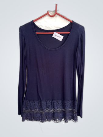 Navy Blue Long Sleeve Top with Lace Hem