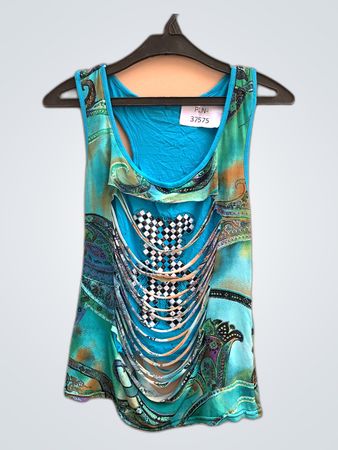 Teal Paisley Cut-Out Sleeveless Tank Top