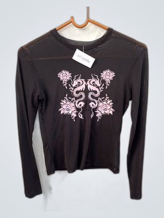 Sheer Black Long-Sleeve Printed Blouse