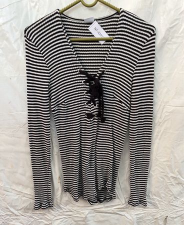Black and White Striped Lace-Up Sweater