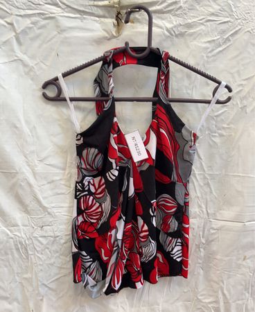 Blouse with Red and Gray Floral Pattern
