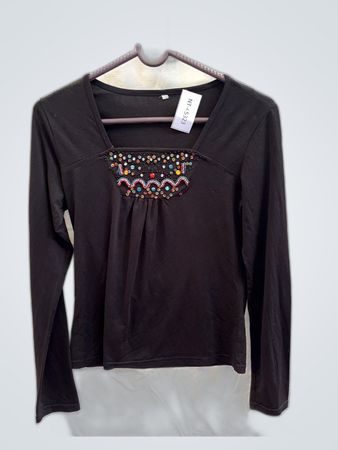 Black Long Sleeve Top with Embellished Neckline