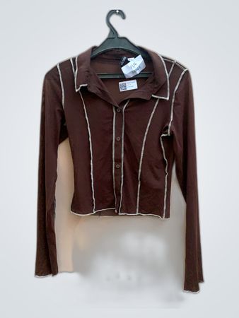 H&M Brown Cropped Long Sleeve Button-Up Shirt